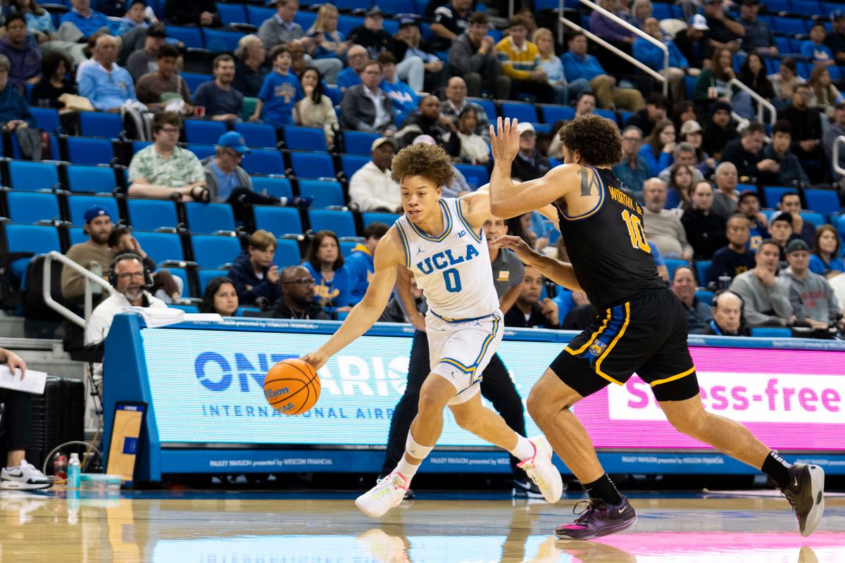 UCLA guard Trent Perry (0) drives past the defense during an NCAA basketball game against UC Riverside, Tuesday December 23rd, 2025 in Los Angeles, California. UCLA guard Trent Perry (0) drives past the defense during an NCAA basketball game against UC Riverside, Tuesday December 23rd, 2025 in Los Angeles, California.