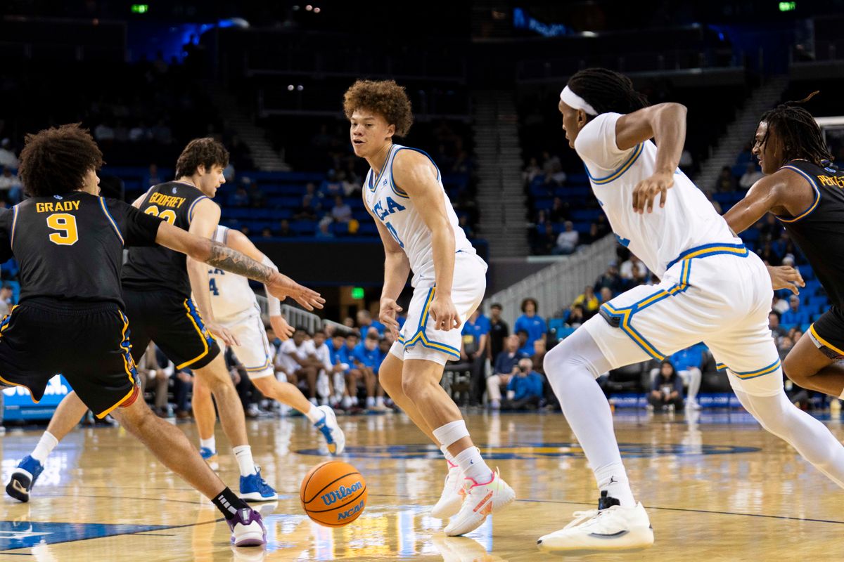 UCLA guard Trent Perry (0) finds his teammate during an NCAA basketball game against UC Riverside, Tuesday December 23rd, 2025 in Los Angeles, California. UCLA guard Trent Perry (0) finds his teammate during an NCAA basketball game against UC Riverside, Tuesday December 23rd, 2025 in Los Angeles, California.