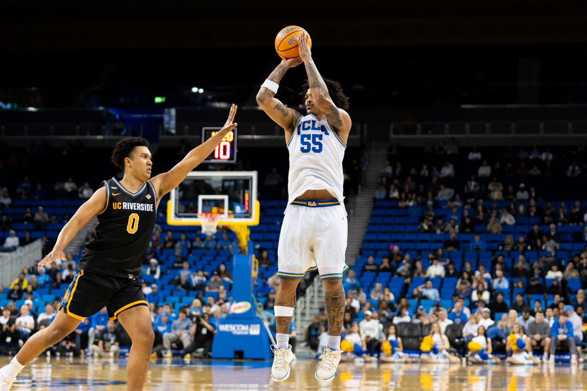UCLA guard Skyy Clark (55) shoots a three during an NCAA basketball game against UC Riverside, Tuesday December 23rd, 2025 in Los Angeles, California. UCLA guard Skyy Clark (55) shoots a three during an NCAA basketball game against UC Riverside, Tuesday December 23rd, 2025 in Los Angeles, California.
