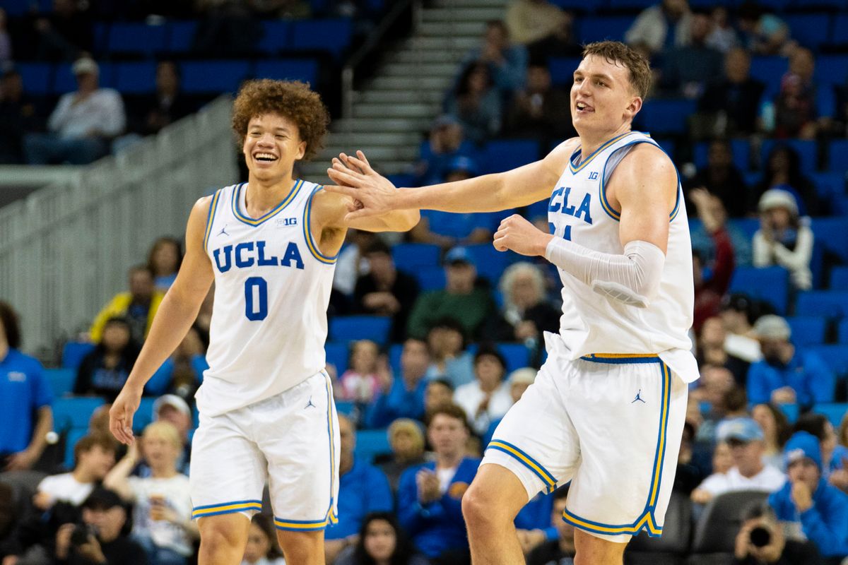 UCLA forward Tyler Bilodeau (34) celebrates his made three with Tyler Perry (0) during an NCAA basketball game against UC Riverside, Tuesday December 23rd, 2025 in Los Angeles, California. UCLA forward Tyler Bilodeau (34) celebrates his made three with Tyler Perry (0) during an NCAA basketball game against UC Riverside, Tuesday December 23rd, 2025 in Los Angeles, California.