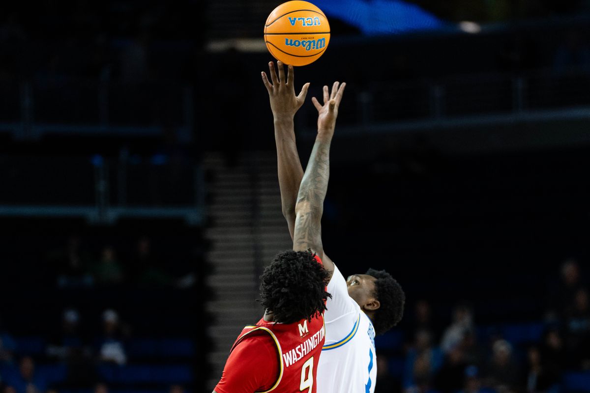 UCLA center Xavier Booker (1) tips off during a Big 10 basketball game against Maryland, Saturday , January 10th, 2025 in Los Angeles, California UCLA center Xavier Booker (1) tips off during a Big 10 basketball game against Maryland, Saturday , January 10th, 2025 in Los Angeles, California