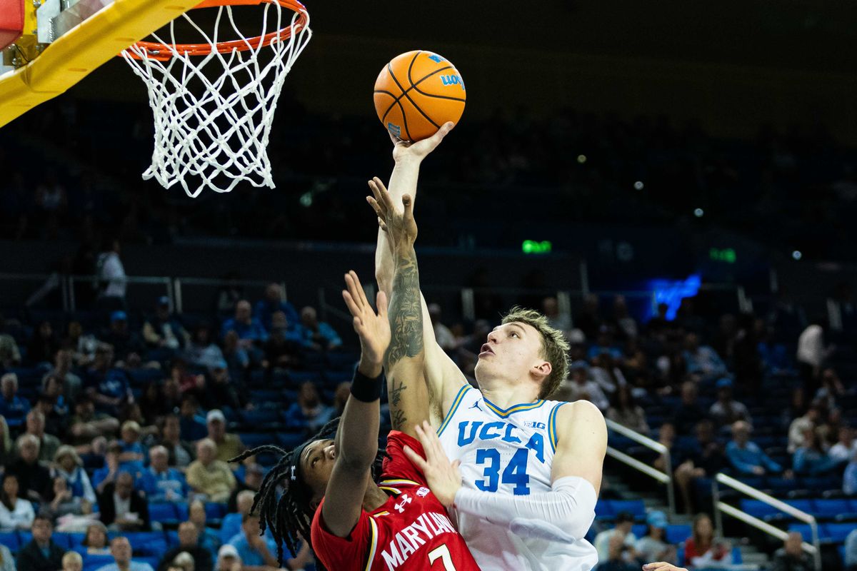 UCLA forward Tyler Bilodeau (34) shoots a lay-up during a Big 10 basketball game against Maryland, Saturday , January 10th, 2025 in Los Angeles, California UCLA forward Tyler Bilodeau (34) shoots a lay-up during a Big 10 basketball game against Maryland, Saturday , January 10th, 2025 in Los Angeles, California