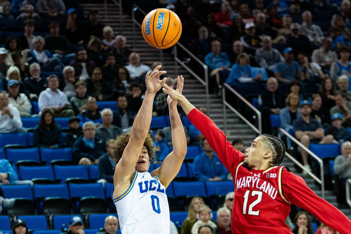 UCLA guard Trent Perry (0) shoots the ball during a Big 10 basketball game against Maryland, Saturday , January 10th, 2025 in Los Angeles, California UCLA guard Trent Perry (0) shoots the ball during a Big 10 basketball game against Maryland, Saturday , January 10th, 2025 in Los Angeles, California
