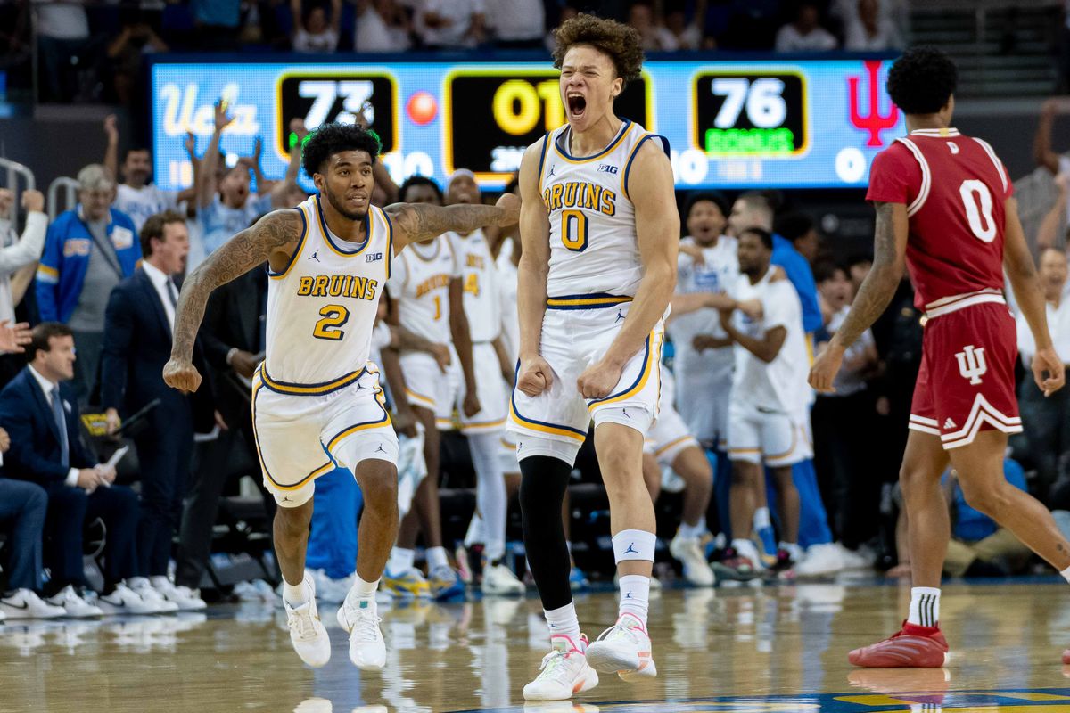 UCLA guard Trent Perry(0) celebrates a buzzer beater during a Big 10 basketball game against Indiana, Saturday, January 31st, 2026 in Los Angeles, California UCLA guard Trent Perry(0) celebrates a buzzer beater during a Big 10 basketball game against Indiana, Saturday, January 31st, 2026 in Los Angeles, California
