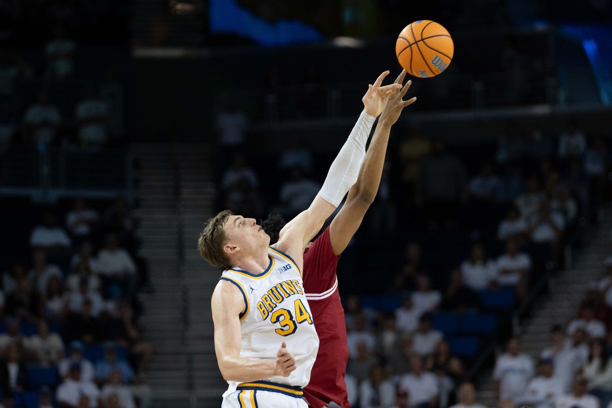 UCLA forward Tyler Bilodeau (34) tips off for overtime during a Big 10 basketball game against Indiana, Saturday, January 31st, 2026 in Los Angeles, California UCLA forward Tyler Bilodeau (34) tips off for overtime during a Big 10 basketball game against Indiana, Saturday, January 31st, 2026 in Los Angeles, California