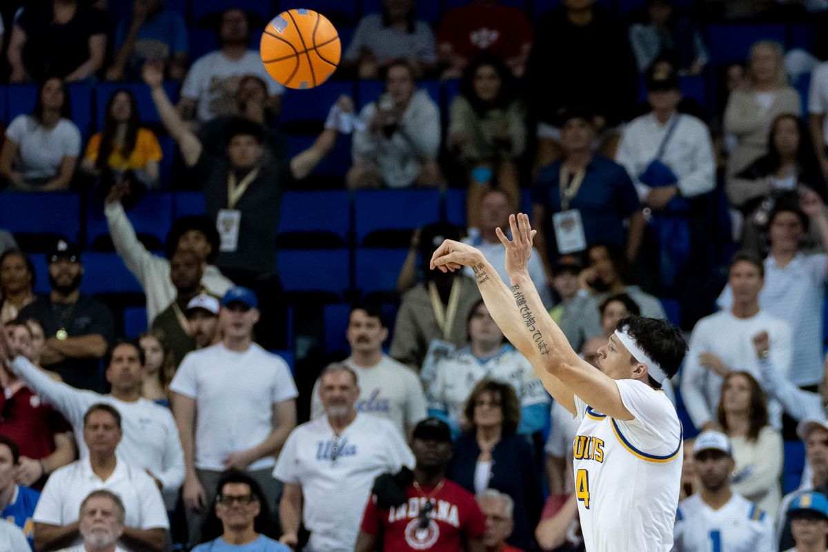 UCLA guard Jamar Brown (4) shoots the ball during a Big 10 basketball game against Indiana, Saturday, January 31st, 2026 in Los Angeles, California UCLA guard Jamar Brown (4) shoots the ball during a Big 10 basketball game against Indiana, Saturday, January 31st, 2026 in Los Angeles, California