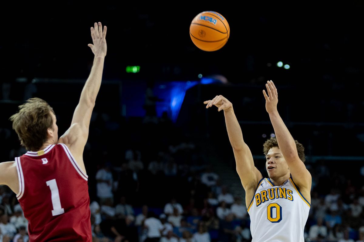 UCLA guard Trent Perry(0) shoots the ball during a Big 10 basketball game against Indiana, Saturday, January 31st, 2026 in Los Angeles, California UCLA guard Trent Perry(0) shoots the ball during a Big 10 basketball game against Indiana, Saturday, January 31st, 2026 in Los Angeles, California