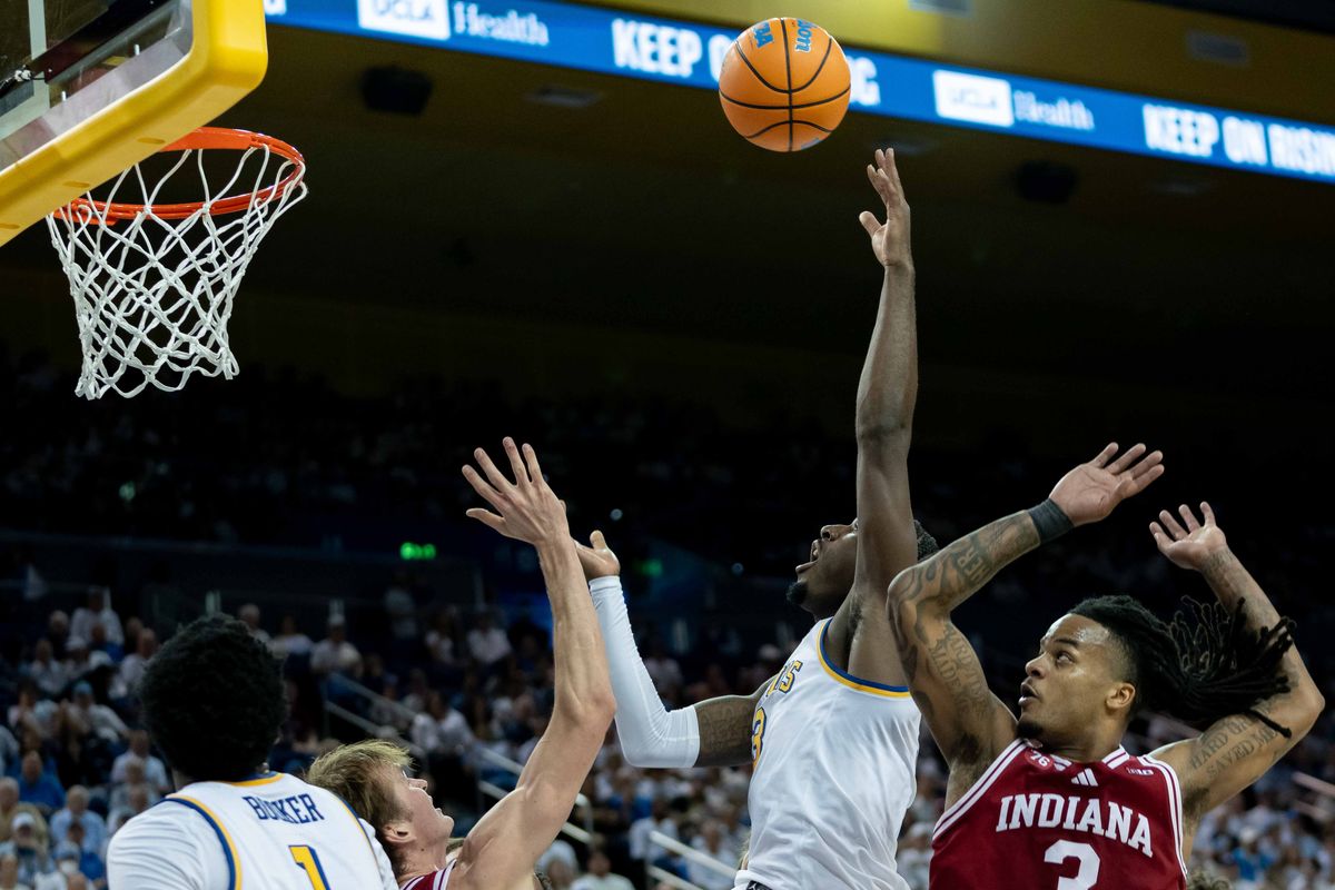 UCLA forward Eric Daily Jr. (3) lays it up during a Big 10 basketball game against Indiana, Saturday, January 31st, 2026 in Los Angeles, California UCLA forward Eric Daily Jr. (3) lays it up during a Big 10 basketball game against Indiana, Saturday, January 31st, 2026 in Los Angeles, California