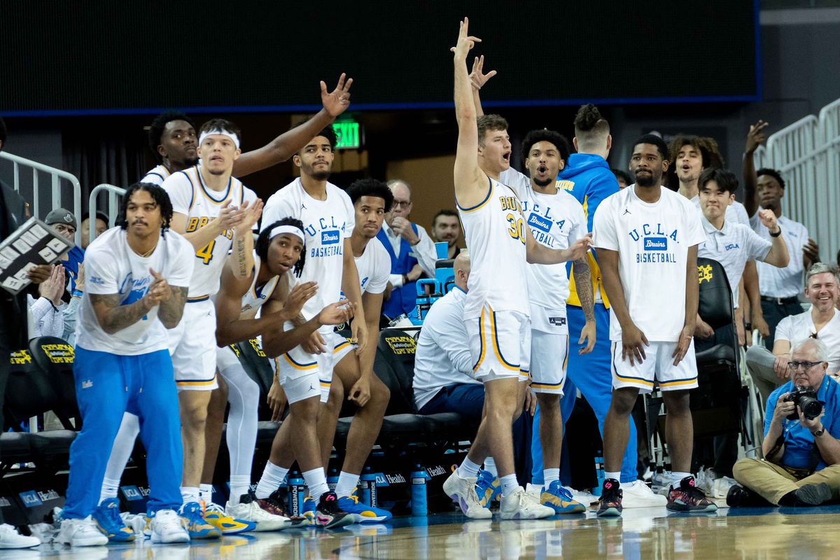UCLA bench celebrating a made three pointer during a Big 10 basketball game against Indiana, Saturday, January 31st, 2026 in Los Angeles, California UCLA bench celebrating a made three pointer during a Big 10 basketball game against Indiana, Saturday, January 31st, 2026 in Los Angeles, California