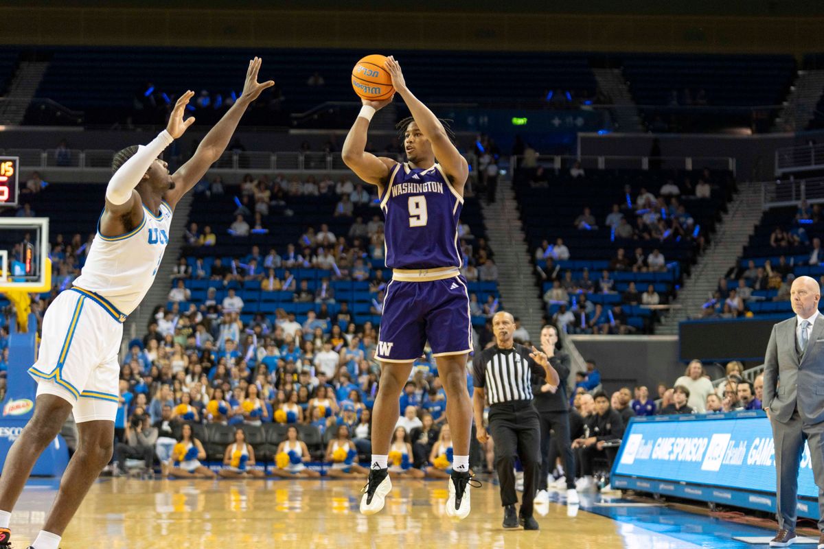 Washington guard Wesley Yates III (9) hits a three pointer during an NCAA basketball game against UCLA, Saturday February 7th, 2026 in Los Angeles, California. Washington guard Wesley Yates III (9) hits a three pointer during an NCAA basketball game against UCLA, Saturday February 7th, 2026 in Los Angeles, California.
