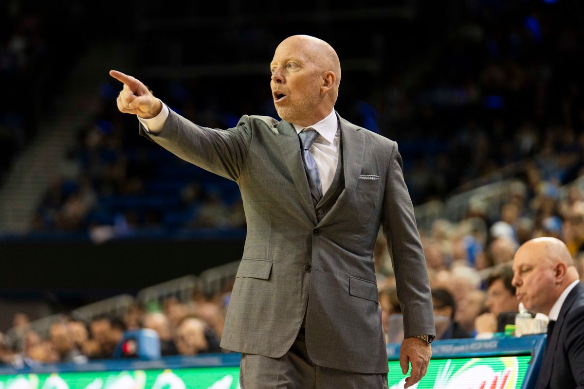 UCLA head coach Mick Cronin setting up the offense during an NCAA basketball game against Washington, Saturday February 7th, 2026 in Los Angeles, California. UCLA head coach Mick Cronin setting up the offense during an NCAA basketball game against Washington, Saturday February 7th, 2026 in Los Angeles, California.