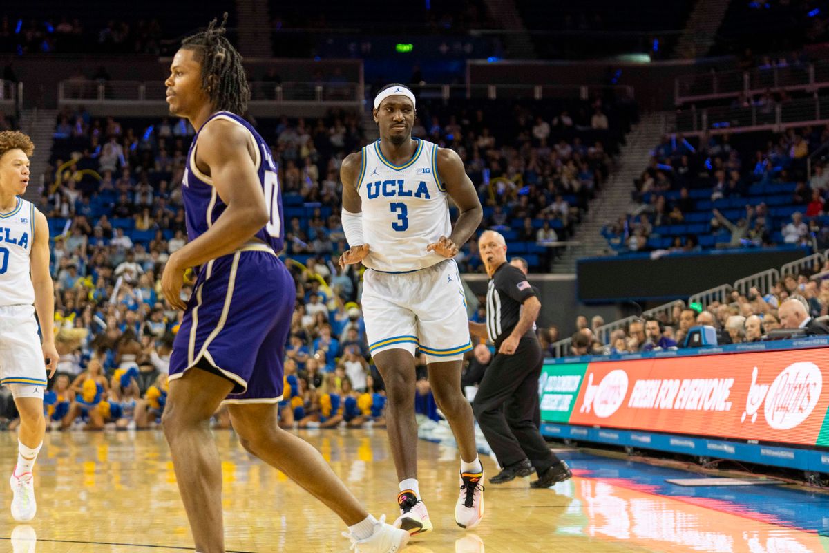 UCLA forward Eric Dailey Jr. (3) celebrates his clutch turnaround jumper during an NCAA basketball game against Washington, Saturday February 7th, 2026 in Los Angeles, California. UCLA forward Eric Dailey Jr. (3) celebrates his clutch turnaround jumper during an NCAA basketball game against Washington, Saturday February 7th, 2026 in Los Angeles, California.