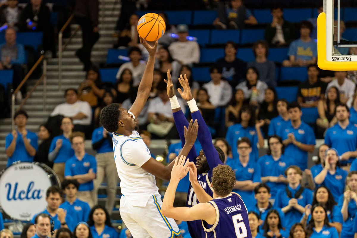 UCLA forward Xavier Booker (1) shoots a floater during an NCAA basketball game against Washington, Saturday February 7th, 2026 in Los Angeles, California. UCLA forward Xavier Booker (1) shoots a floater during an NCAA basketball game against Washington, Saturday February 7th, 2026 in Los Angeles, California.