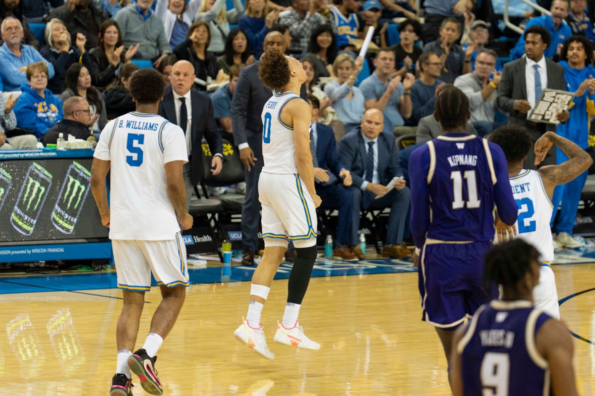 UCLA guard Trent Perry (0) celebrates after hitting a three during an NCAA basketball game against Washington, Saturday February 7th, 2026 in Los Angeles, California. UCLA guard Trent Perry (0) celebrates after hitting a three during an NCAA basketball game against Washington, Saturday February 7th, 2026 in Los Angeles, California.