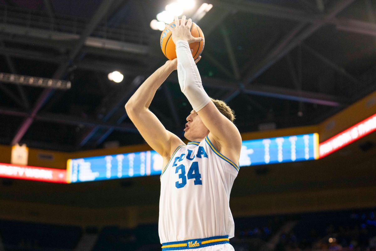 UCLA forward Tyler Bilodeau (34) hits the corner three during an NCAA basketball game against Washington, Saturday February 7th, 2026 in Los Angeles, California. UCLA forward Tyler Bilodeau (34) hits the corner three during an NCAA basketball game against Washington, Saturday February 7th, 2026 in Los Angeles, California.