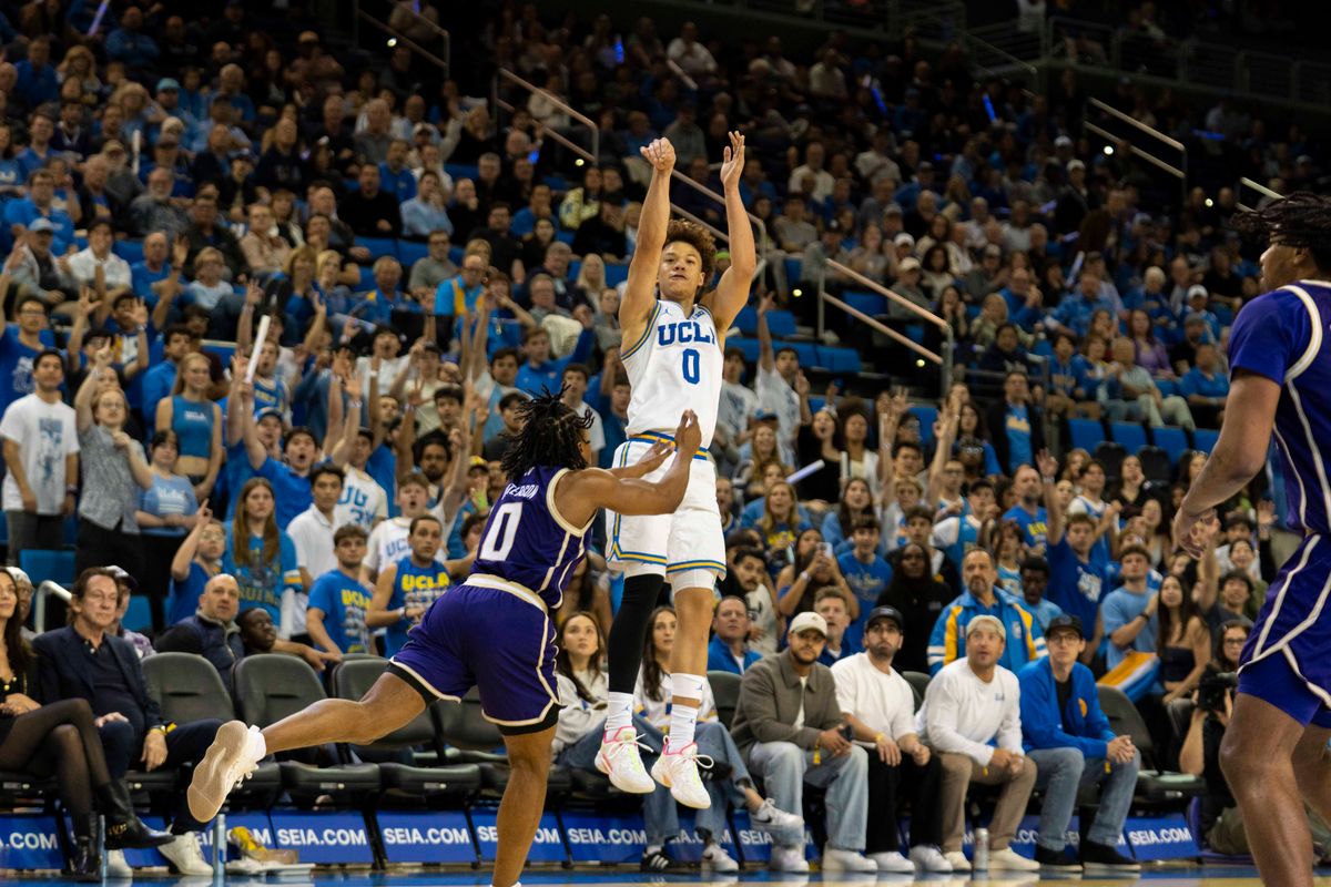 UCLA guard Trent Perry (0) hits the three during an NCAA basketball game against Washington, Saturday February 7th, 2026 in Los Angeles, California. UCLA guard Trent Perry (0) hits the three during an NCAA basketball game against Washington, Saturday February 7th, 2026 in Los Angeles, California.