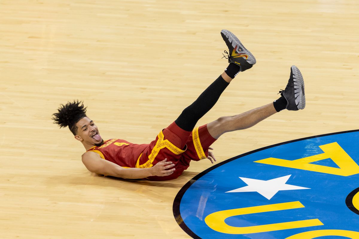Chad Baker-Mazara #4 of the USC Trojans celebrates a made three point shot during an NCAA basketball game against the UCLA Bruins, Tuesday February 24, 2026 in Los Angeles, Calif.