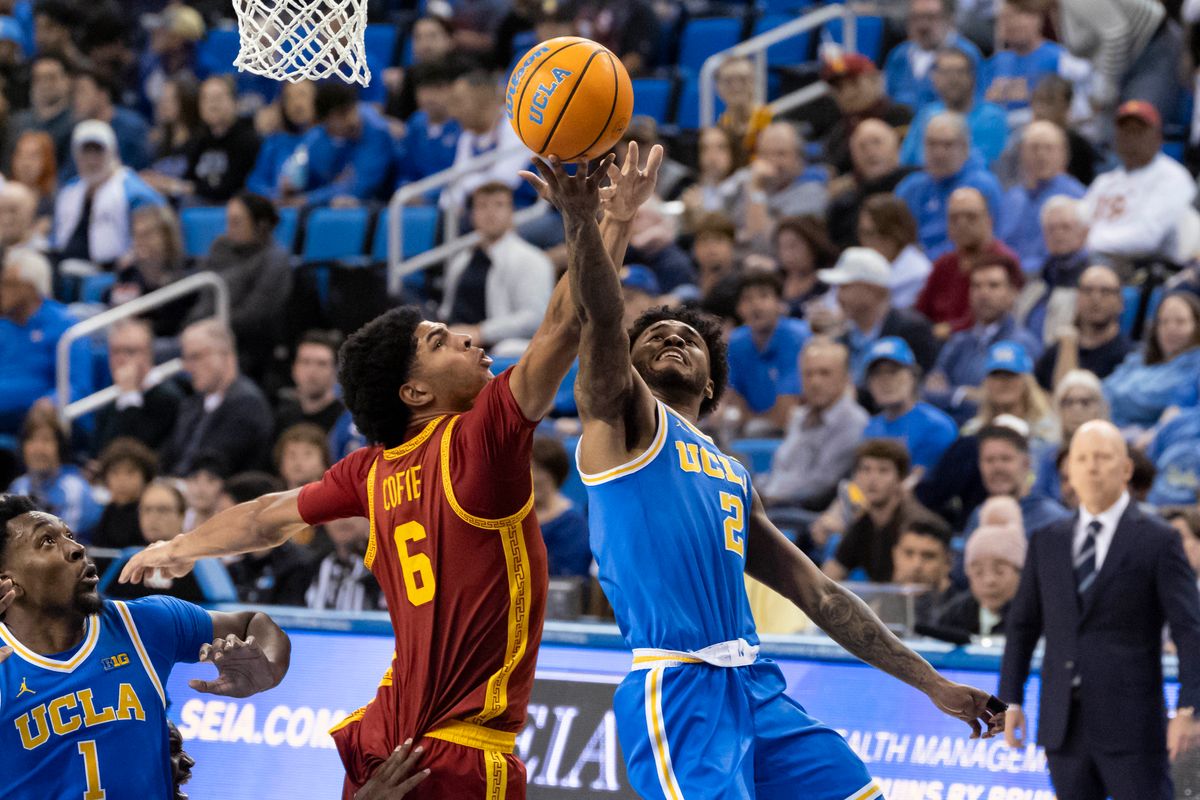 Donovan Dent #2 of the UCLA Bruins lays the ball up during an NCAA basketball game against the USC Trojans, Tuesday February 24, 2026 in Los Angeles, Calif.