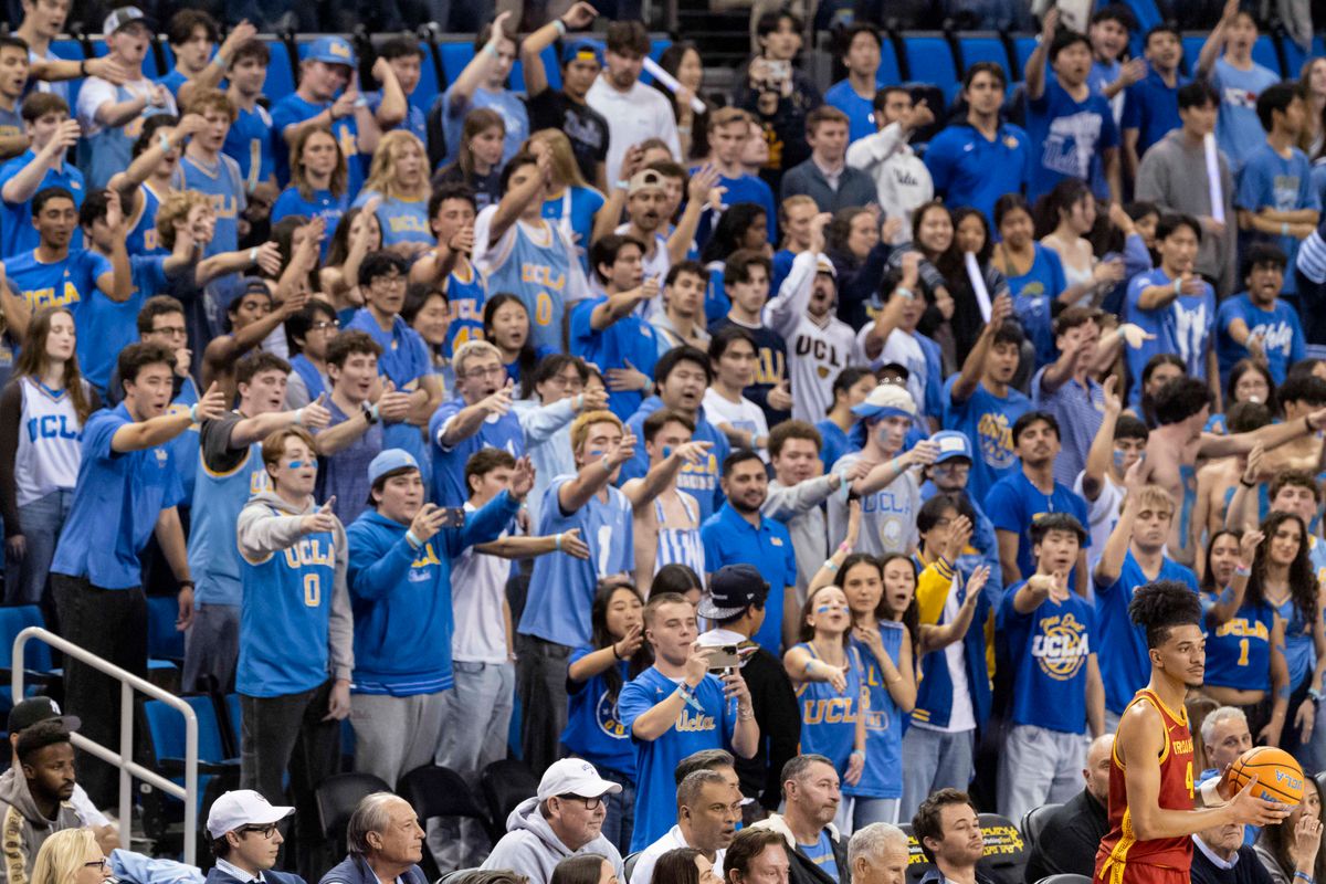 UCLA students chant airball at Chad Baker-Mazara #4 of the USC Trojans as he tries to inbound the ball during an NCAA basketball game between the UCLA Bruins and the USC Trojans, Tuesday February 24, 2026 in Los Angeles, Calif.