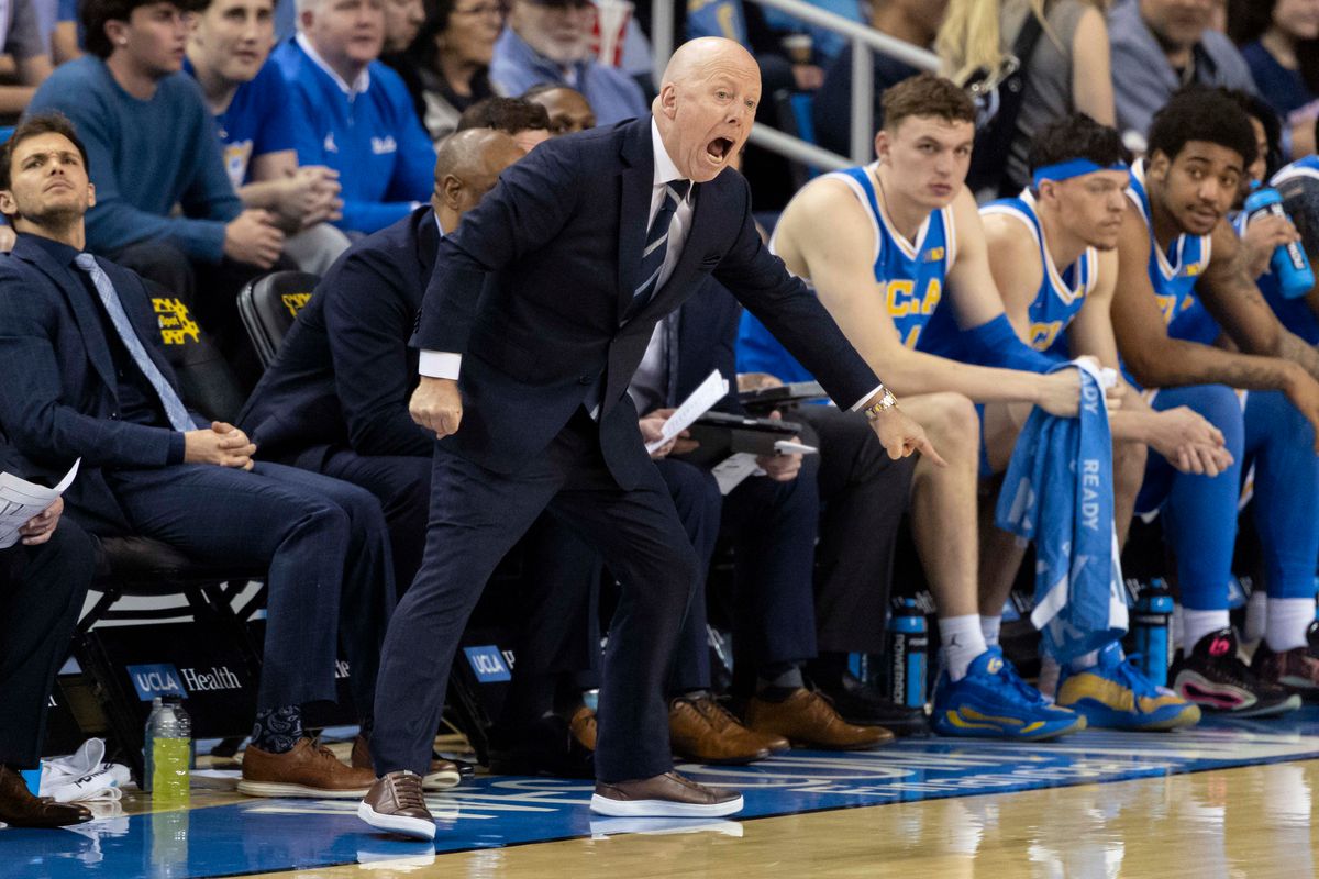 Head coach Mick Cronin of the UCLA Bruins points to his team on the sideline during an NCAA basketball game against the USC Trojans, Tuesday February 24, 2026 in Los Angeles, Calif.