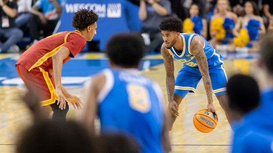 Donovan Dent #2 of the UCLA Bruins handles the ball during an NCAA basketball game against the USC Trojans, Tuesday February 24, 2026 in Los Angeles, Calif. Donovan Dent #2 of the UCLA Bruins handles the ball during an NCAA basketball game against the USC Trojans, Tuesday February 24, 2026 in Los Angeles, Calif.
