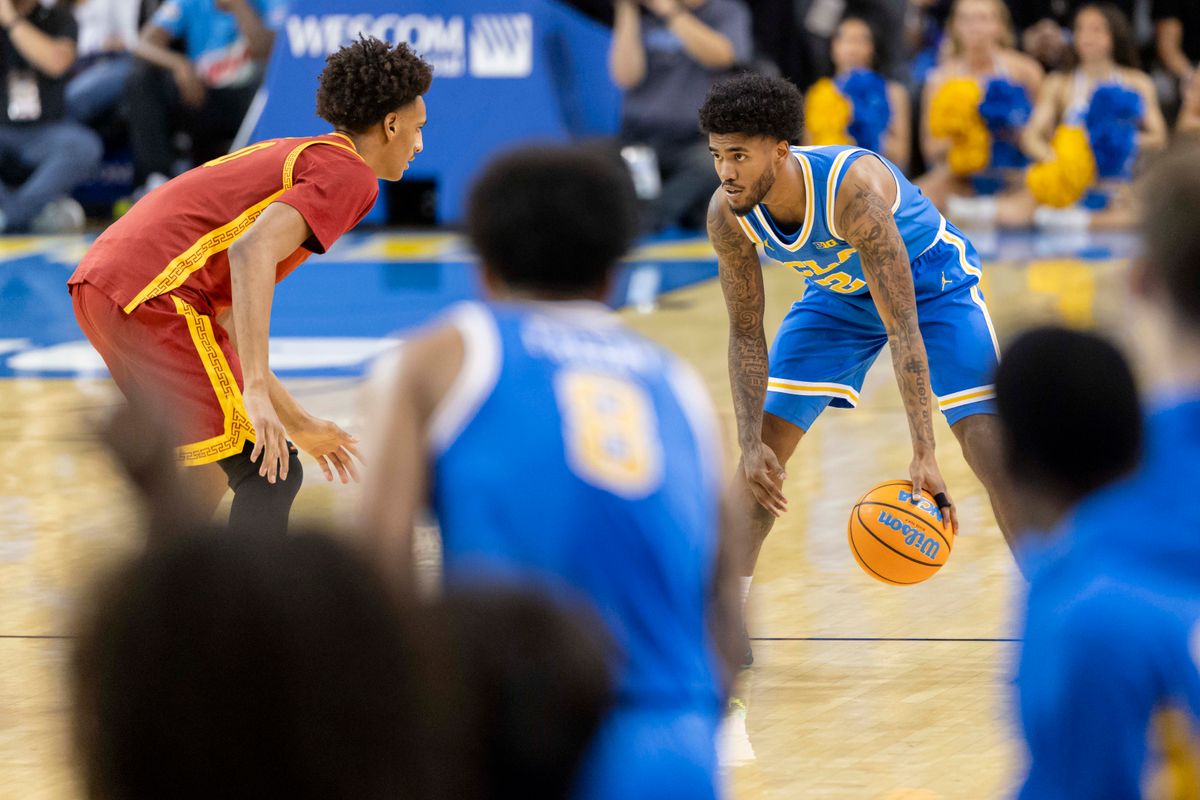 Donovan Dent #2 of the UCLA Bruins handles the ball during an NCAA basketball game against the USC Trojans, Tuesday February 24, 2026 in Los Angeles, Calif.