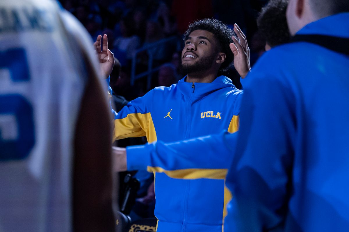 Donovan Dent #2 of the UCLA Bruins is introduced during the starting lineups before an NCAA basketball game against the Nebraska Cornhuskers, Tuesday March 3, 2026 in Los Angeles, Calif. Donovan Dent #2 of the UCLA Bruins is introduced during the starting lineups before an NCAA basketball game against the Nebraska Cornhuskers, Tuesday March 3, 2026 in Los Angeles, Calif.