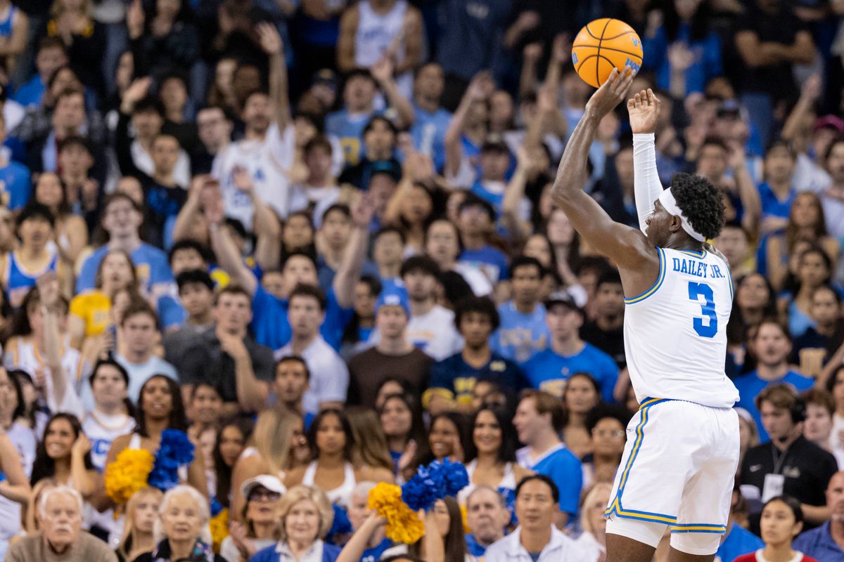 Eric Dailey Jr. #3 of the UCLA Bruins shoots a three point shot during an NCAA basketball game against the Nebraska Cornhuskers, Tuesday March 3, 2026 in Los Angeles, Calif. Eric Dailey Jr. #3 of the UCLA Bruins shoots a three point shot during an NCAA basketball game against the Nebraska Cornhuskers, Tuesday March 3, 2026 in Los Angeles, Calif.