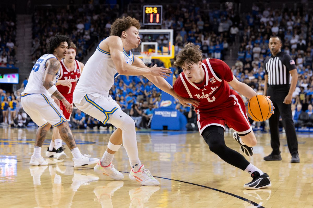 Braden Frager #5 of the Nebraska Cornhuskers drives towards the basket during an NCAA basketball game against the UCLA Bruins, Tuesday March 3, 2026 in Los Angeles, Calif. Braden Frager #5 of the Nebraska Cornhuskers drives towards the basket during an NCAA basketball game against the UCLA Bruins, Tuesday March 3, 2026 in Los Angeles, Calif.
