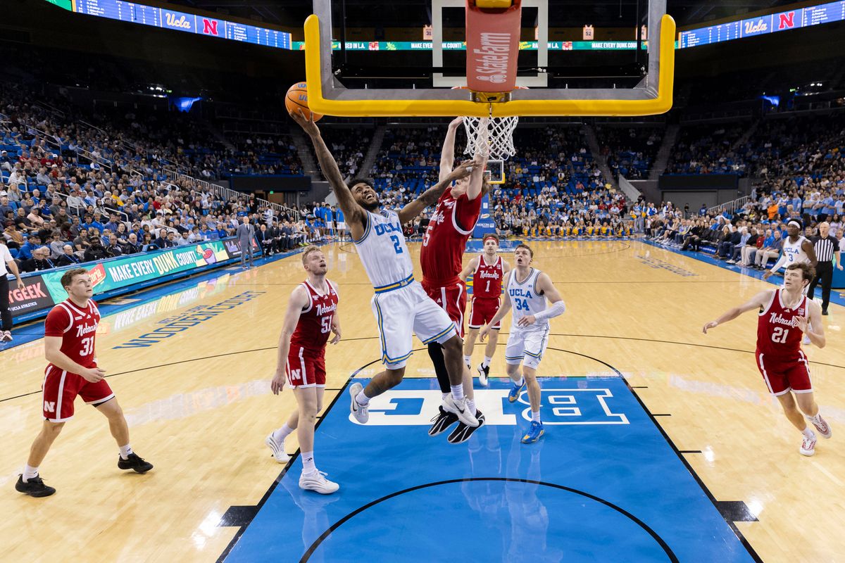Donovan Dent #2 of the UCLA Bruins lays the ball up during an NCAA basketball game against the Nebraska Cornhuskers, Tuesday March 3, 2026 in Los Angeles, Calif. Donovan Dent #2 of the UCLA Bruins lays the ball up during an NCAA basketball game against the Nebraska Cornhuskers, Tuesday March 3, 2026 in Los Angeles, Calif.