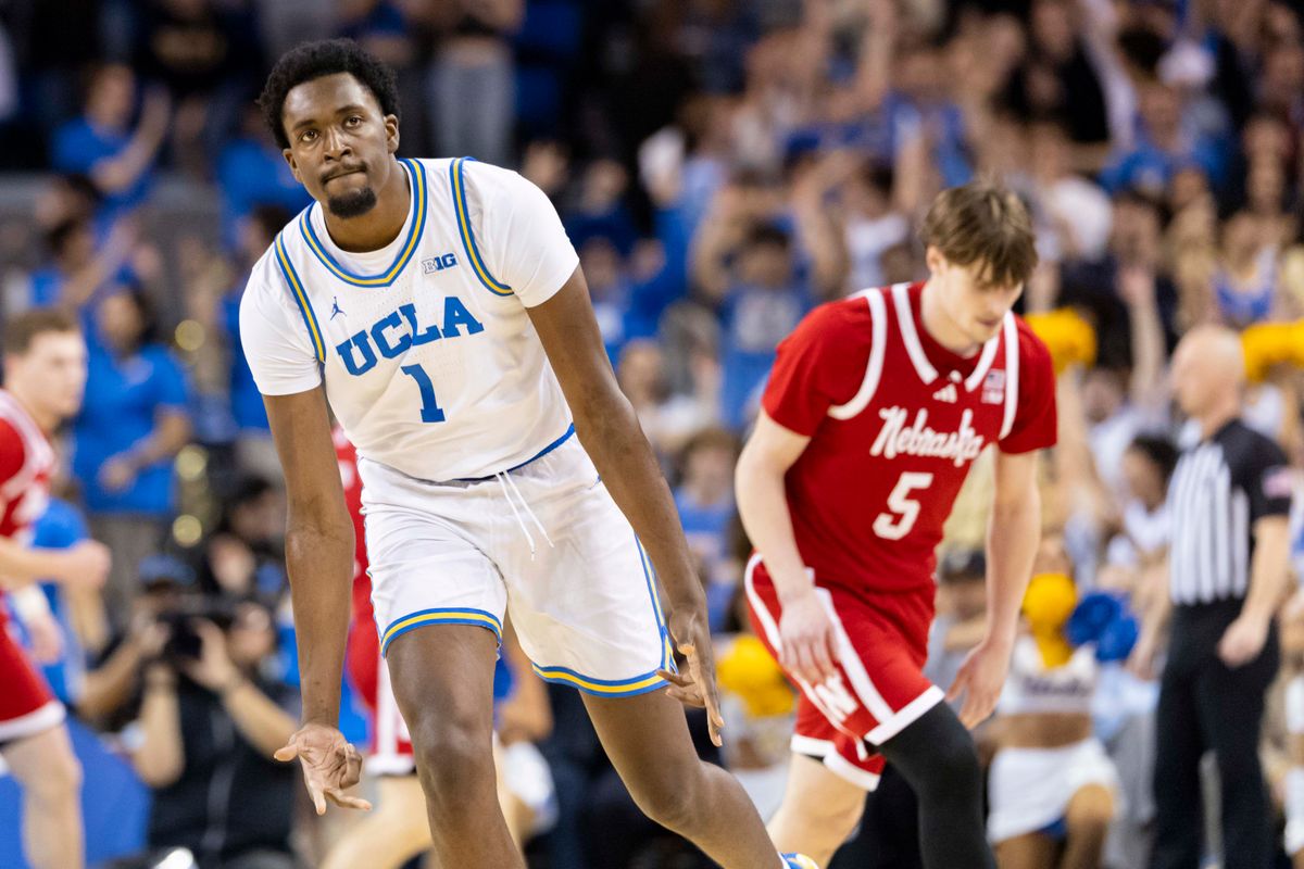 Xavier Booker #1 of the UCLA Bruins celebrates a made three point shot during an NCAA basketball game against the Nebraska Cornhuskers, Tuesday March 3, 2026 in Los Angeles, Calif. Xavier Booker #1 of the UCLA Bruins celebrates a made three point shot during an NCAA basketball game against the Nebraska Cornhuskers, Tuesday March 3, 2026 in Los Angeles, Calif.