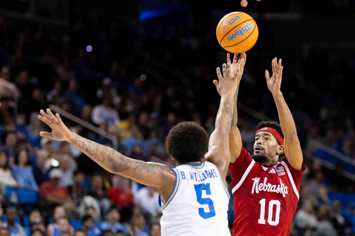 Jamarques Lawrence #10 of the Nebraska Cornhuskers shoots the ball during an NCAA basketball game against the UCLA Bruins, Tuesday March 3, 2026 in Los Angeles, Calif. Jamarques Lawrence #10 of the Nebraska Cornhuskers shoots the ball during an NCAA basketball game against the UCLA Bruins, Tuesday March 3, 2026 in Los Angeles, Calif.