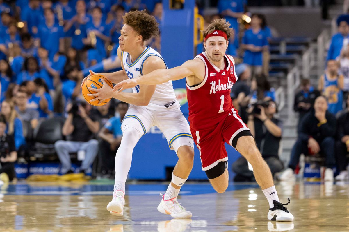 Sam Hoiberg #1 of the Nebraska Cornhuskers tries to steal the ball from Trent Perry #0 of the UCLA Bruins during an NCAA basketball game, Tuesday March 3, 2026 in Los Angeles, Calif. Sam Hoiberg #1 of the Nebraska Cornhuskers tries to steal the ball from Trent Perry #0 of the UCLA Bruins during an NCAA basketball game, Tuesday March 3, 2026 in Los Angeles, Calif.