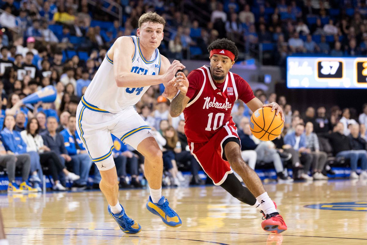 Jamarques Lawrence #10 of the Nebraska Cornhuskers drives towards the basket during an NCAA basketball game against the UCLA Bruins, Tuesday March 3, 2026 in Los Angeles, Calif. Jamarques Lawrence #10 of the Nebraska Cornhuskers drives towards the basket during an NCAA basketball game against the UCLA Bruins, Tuesday March 3, 2026 in Los Angeles, Calif.