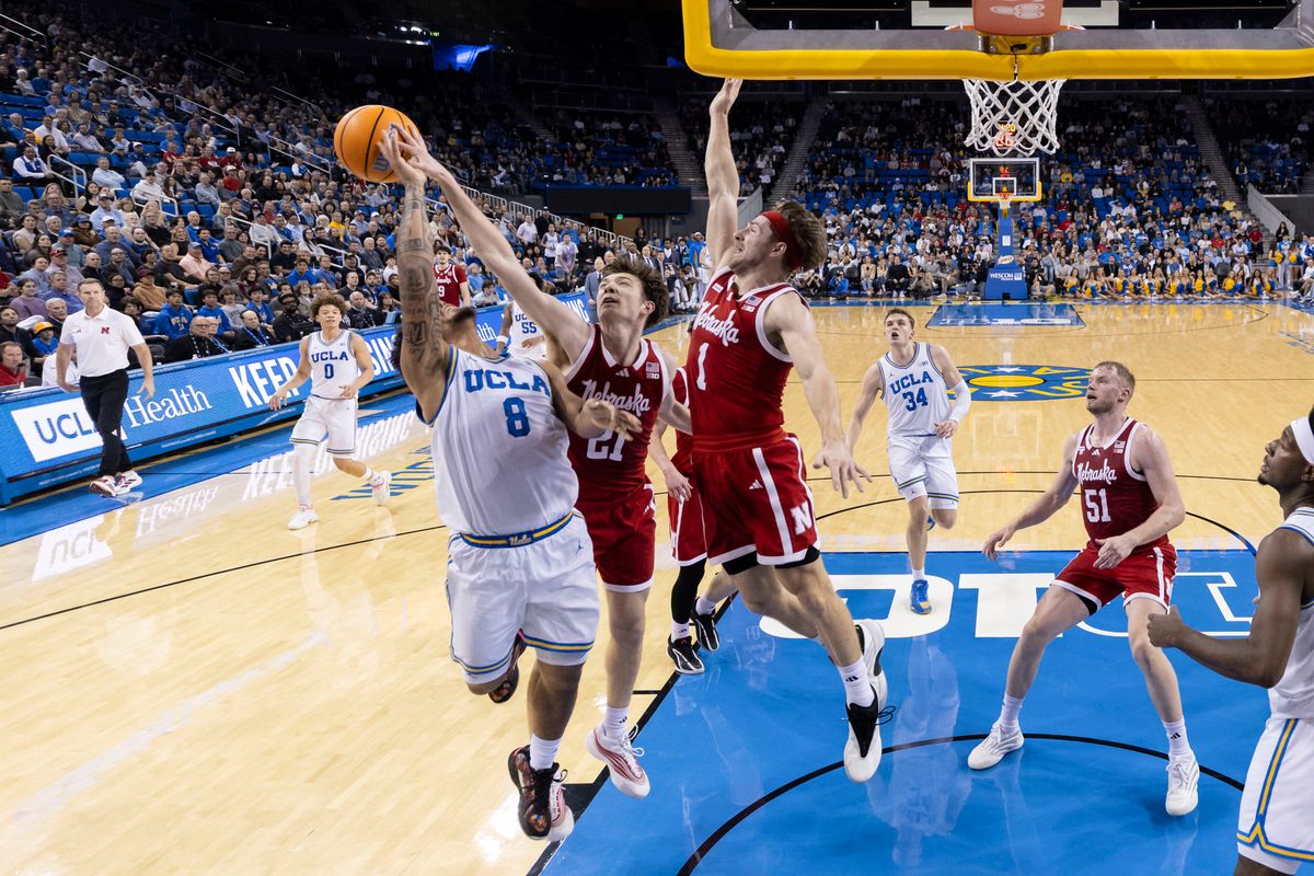 Pryce Sandfort #21 of the Nebraska Cornhuskers blocks the shot by Eric Freeny #8 of the UCLA Bruins during an NCAA basketball game, Tuesday March 3, 2026 in Los Angeles, Calif. Pryce Sandfort #21 of the Nebraska Cornhuskers blocks the shot by Eric Freeny #8 of the UCLA Bruins during an NCAA basketball game, Tuesday March 3, 2026 in Los Angeles, Calif.