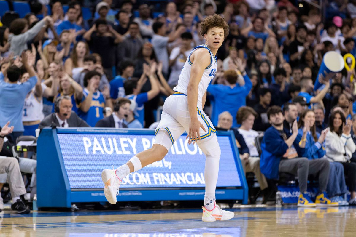 Trent Perry #0 of the UCLA Bruins celebrates while running down the court during an NCAA basketball game against the Nebraska Cornhuskers, Tuesday March 3, 2026 in Los Angeles, Calif. Trent Perry #0 of the UCLA Bruins celebrates while running down the court during an NCAA basketball game against the Nebraska Cornhuskers, Tuesday March 3, 2026 in Los Angeles, Calif.