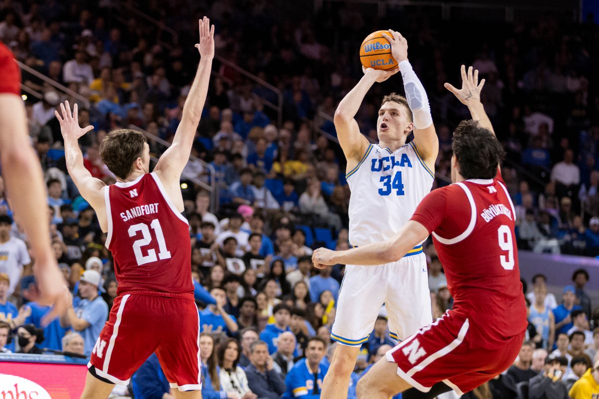 Tyler Bilodeau #34 of the UCLA Bruins shoots the ball during an NCAA basketball game against the Nebraska Cornhuskers, Tuesday March 3, 2026 in Los Angeles, Calif. Tyler Bilodeau #34 of the UCLA Bruins shoots the ball during an NCAA basketball game against the Nebraska Cornhuskers, Tuesday March 3, 2026 in Los Angeles, Calif.