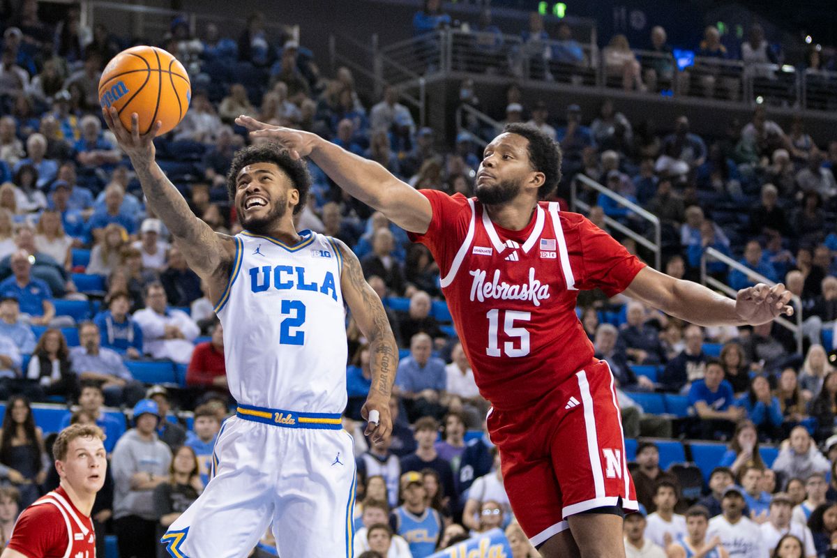 Donovan Dent #2 of the UCLA Bruins lays the ball up as Jared Garcia #15 of the Nebraska Cornhuskers reaches for the block during an NCAA basketball game, Tuesday March 3, 2026 in Los Angeles, Calif. Donovan Dent #2 of the UCLA Bruins lays the ball up as Jared Garcia #15 of the Nebraska Cornhuskers reaches for the block during an NCAA basketball game, Tuesday March 3, 2026 in Los Angeles, Calif.