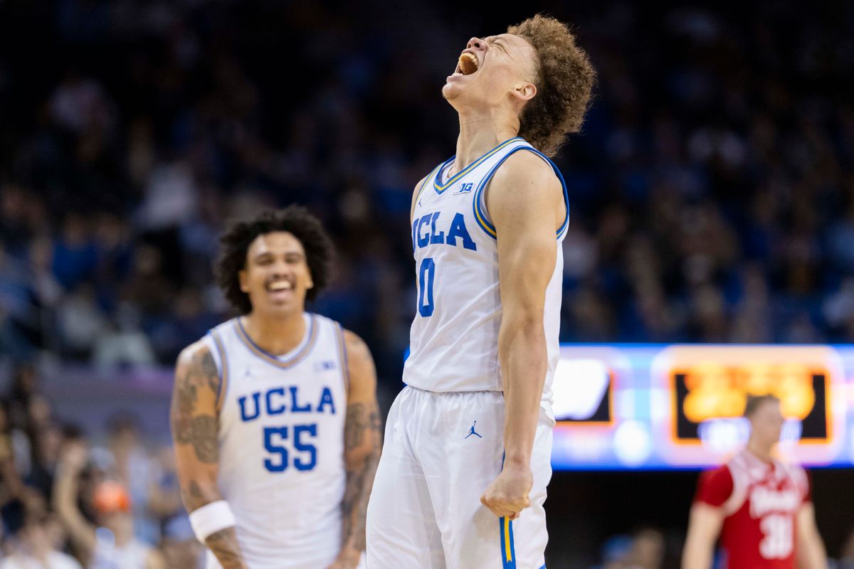 Trent Perry #0 of the UCLA Bruins celebrates during an NCAA basketball game against the Nebraska Cornhuskers, Tuesday March 3, 2026 in Los Angeles, Calif. Trent Perry #0 of the UCLA Bruins celebrates during an NCAA basketball game against the Nebraska Cornhuskers, Tuesday March 3, 2026 in Los Angeles, Calif.