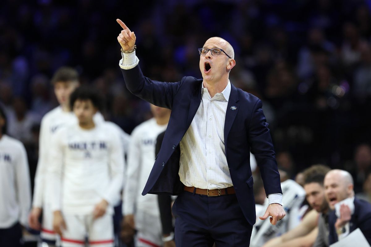 UConn Huskies head coach Dan Hurley reacts in the first half during a first round game of the men's 2026 NCAA Tournament at Xfinity Mobile Arena. UConn Huskies head coach Dan Hurley reacts in the first half during a first round game of the men's 2026 NCAA Tournament at Xfinity Mobile Arena.