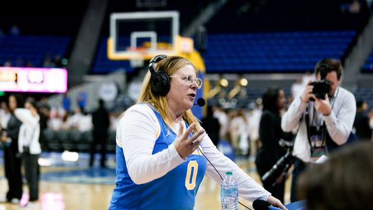 UCLA Head Coach, Cori Close, responds to post-game interview questions on the court after their NCAA Womens' Basketball game win against the University of Illinois, February 20, 2025 in Los Angeles. UCLA Head Coach, Cori Close, responds to post-game interview questions on the court after their NCAA Womens' Basketball game win against the University of Illinois, February 20, 2025 in Los Angeles.
