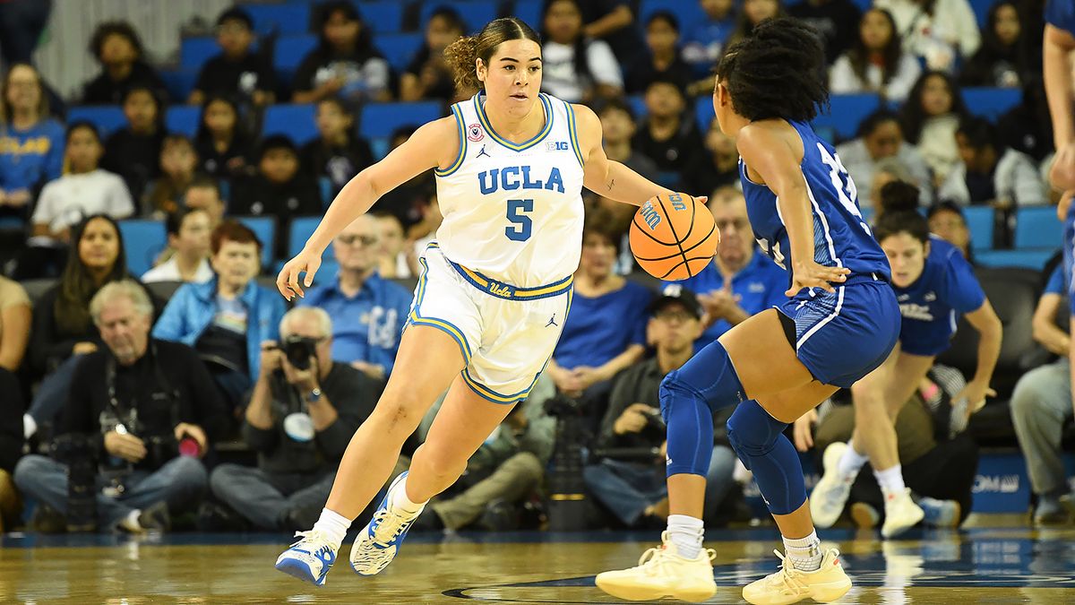 UCLA Bruins guard Charlisse Leger-Walker (5) dribbles down court during an NCAA basketball game against the UCSB Gauchos on Thursday, November 6, 2025 at Pauley Pavilion in Los Angeles, Calif. Bruins defeated the Gauchos 87-50. UCLA Bruins guard Charlisse Leger-Walker (5) dribbles down court during an NCAA basketball game against the UCSB Gauchos on Thursday, November 6, 2025 at Pauley Pavilion in Los Angeles, Calif. Bruins defeated the Gauchos 87-50.