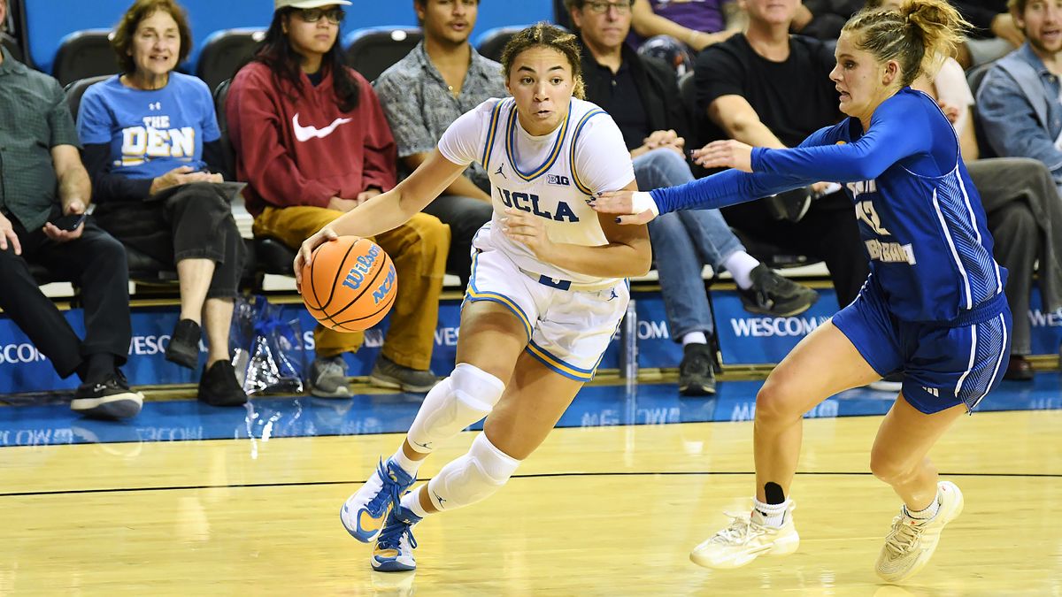 UCLA Bruins guard Kiki Rice (1) drives to the basket during an NCAA basketball game against the UCSB Gauchos on Thursday, November 6, 2025 at Pauley Pavilion in Los Angeles, Calif. Bruins defeated the Gauchos 87-50. UCLA Bruins guard Kiki Rice (1) drives to the basket during an NCAA basketball game against the UCSB Gauchos on Thursday, November 6, 2025 at Pauley Pavilion in Los Angeles, Calif. Bruins defeated the Gauchos 87-50.