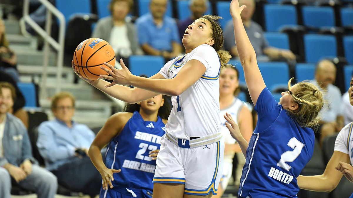 UCLA Bruins guard Kiki Rice (1) lays in a basket during an NCAA basketball game against the UCSB Gauchos on Thursday, November 6, 2025 at Pauley Pavilion in Los Angeles, Calif. Bruins defeated the Gauchos 87-50. UCLA Bruins guard Kiki Rice (1) lays in a basket during an NCAA basketball game against the UCSB Gauchos on Thursday, November 6, 2025 at Pauley Pavilion in Los Angeles, Calif. Bruins defeated the Gauchos 87-50.
