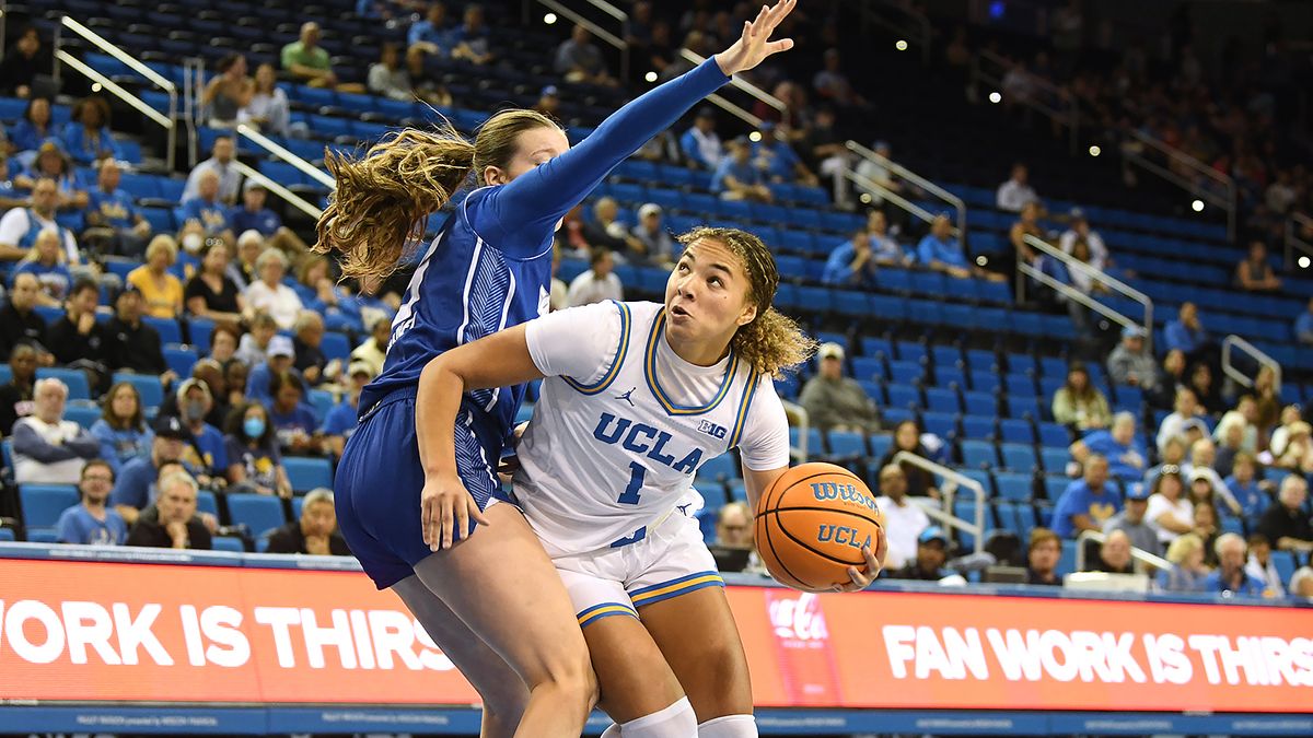 UCLA Bruins guard Kiki Rice (1) drives to the basket during an NCAA basketball game against the UCSB Gauchos on Thursday, November 6, 2025 at Pauley Pavilion in Los Angeles, Calif. Bruins defeated the Gauchos 87-50. UCLA Bruins guard Kiki Rice (1) drives to the basket during an NCAA basketball game against the UCSB Gauchos on Thursday, November 6, 2025 at Pauley Pavilion in Los Angeles, Calif. Bruins defeated the Gauchos 87-50.