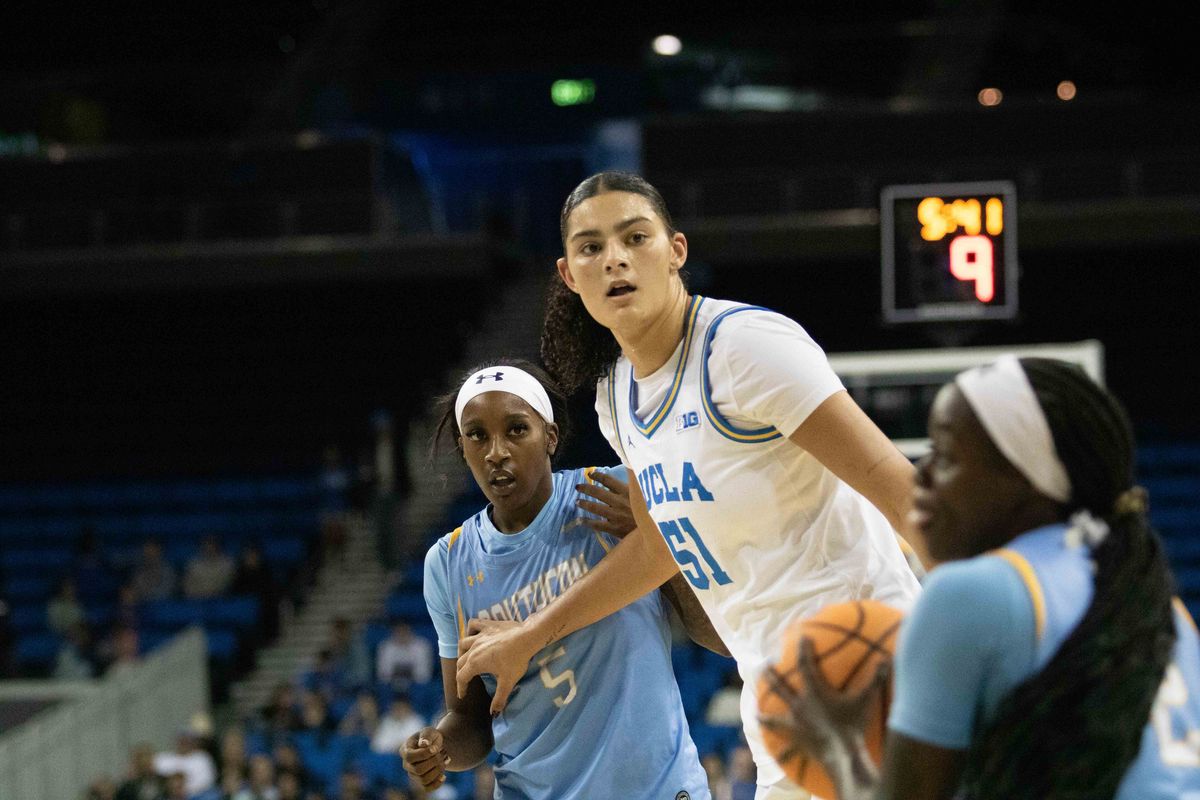 UCLA center Lauren Betts (51) defends during a NCAA basketball game between UCLA and Southern University on Sunday, November 23, 2025 at Pauley Pavilion in Los Angeles, CA. UCLA center Lauren Betts (51) defends during a NCAA basketball game between UCLA and Southern University on Sunday, November 23, 2025 at Pauley Pavilion in Los Angeles, CA.