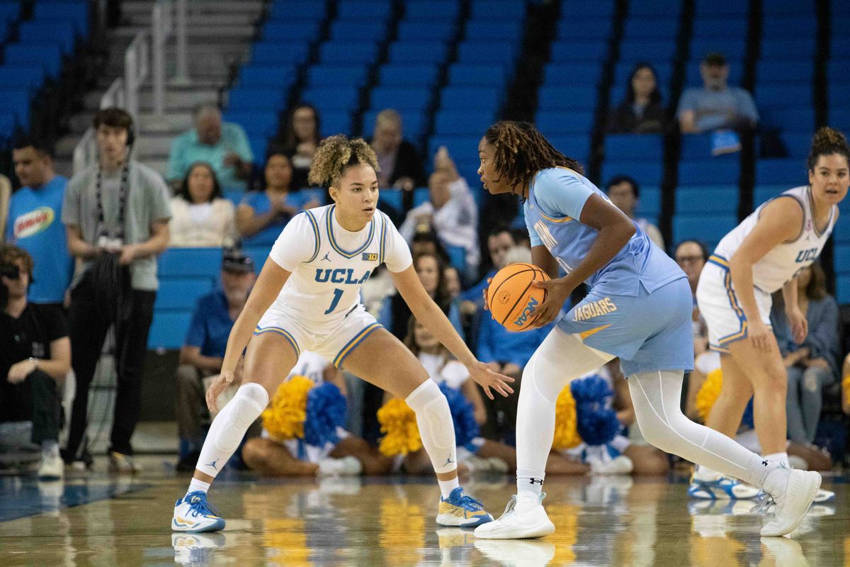 UCLA guard Kiki Rice (1) defends during a NCAA basketball game between UCLA and Southern University on Sunday, November 23, 2025 at Pauley Pavilion in Los Angeles, CA. UCLA guard Kiki Rice (1) defends during a NCAA basketball game between UCLA and Southern University on Sunday, November 23, 2025 at Pauley Pavilion in Los Angeles, CA.