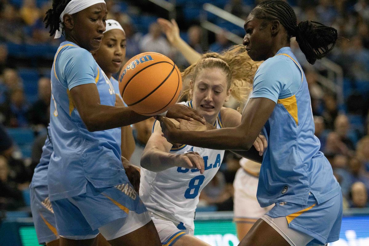 UCLA guard Gianna Kneepkens (8) fights for the ball during a NCAA basketball game between UCLA and Southern University on Sunday, November 23, 2025 at Pauley Pavilion in Los Angeles, CA. UCLA guard Gianna Kneepkens (8) fights for the ball during a NCAA basketball game between UCLA and Southern University on Sunday, November 23, 2025 at Pauley Pavilion in Los Angeles, CA.
