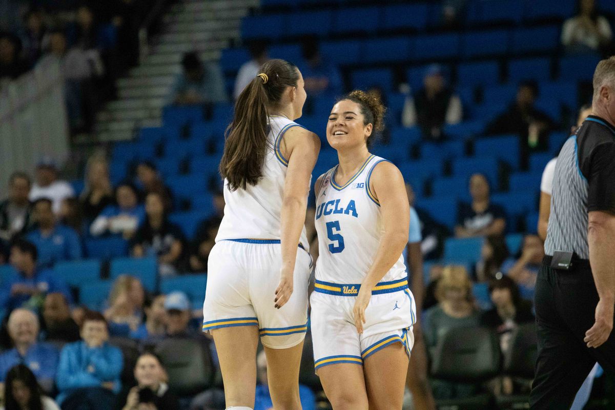 UCLA guard Charlisse Leger-Walker (5) passed by UCLA forward Angela Dugalic (32) during a NCAA basketball game between UCLA and Southern University on Sunday, November 23, 2025 at Pauley Pavilion in Los Angeles, CA. UCLA guard Charlisse Leger-Walker (5) passed by UCLA forward Angela Dugalic (32) during a NCAA basketball game between UCLA and Southern University on Sunday, November 23, 2025 at Pauley Pavilion in Los Angeles, CA.