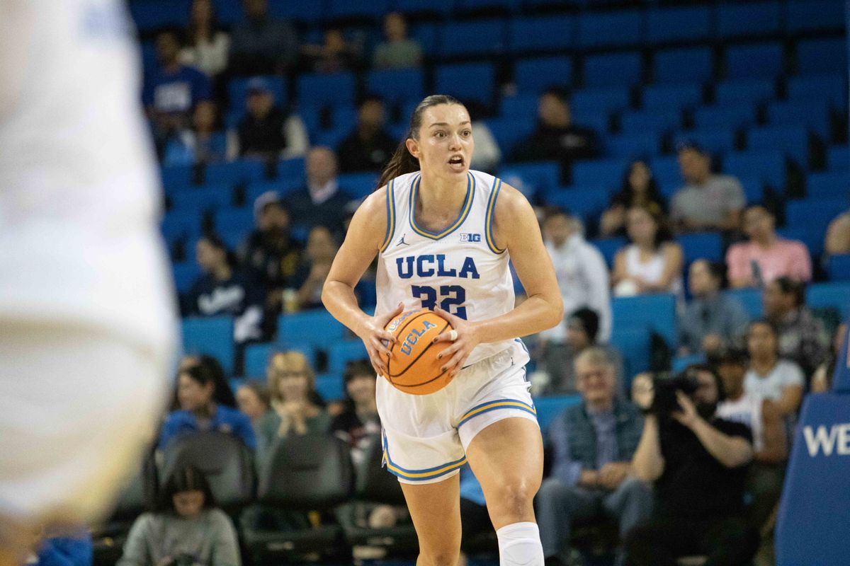 UCLA forward Angela Dugalic (32) looks for a pass during a NCAA basketball game between UCLA and Southern University on Sunday, November 23, 2025 at Pauley Pavilion in Los Angeles, CA. UCLA forward Angela Dugalic (32) looks for a pass during a NCAA basketball game between UCLA and Southern University on Sunday, November 23, 2025 at Pauley Pavilion in Los Angeles, CA.